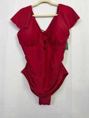 Blooming Jelly Ruffle Sleeve V-Neck Red Lace-Up One-Piece Swimsuit